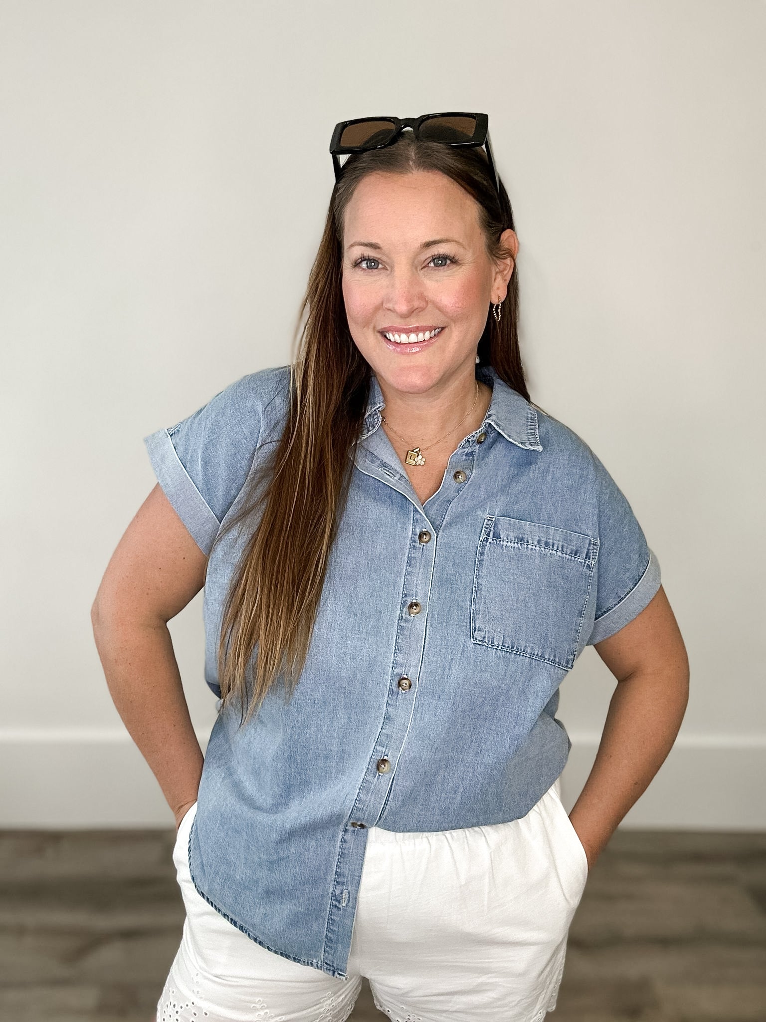 Cuff Sleeve Button Up - Denim-casual shirt- Hometown Style HTS, women's in store and online boutique located in Ingersoll, Ontario
