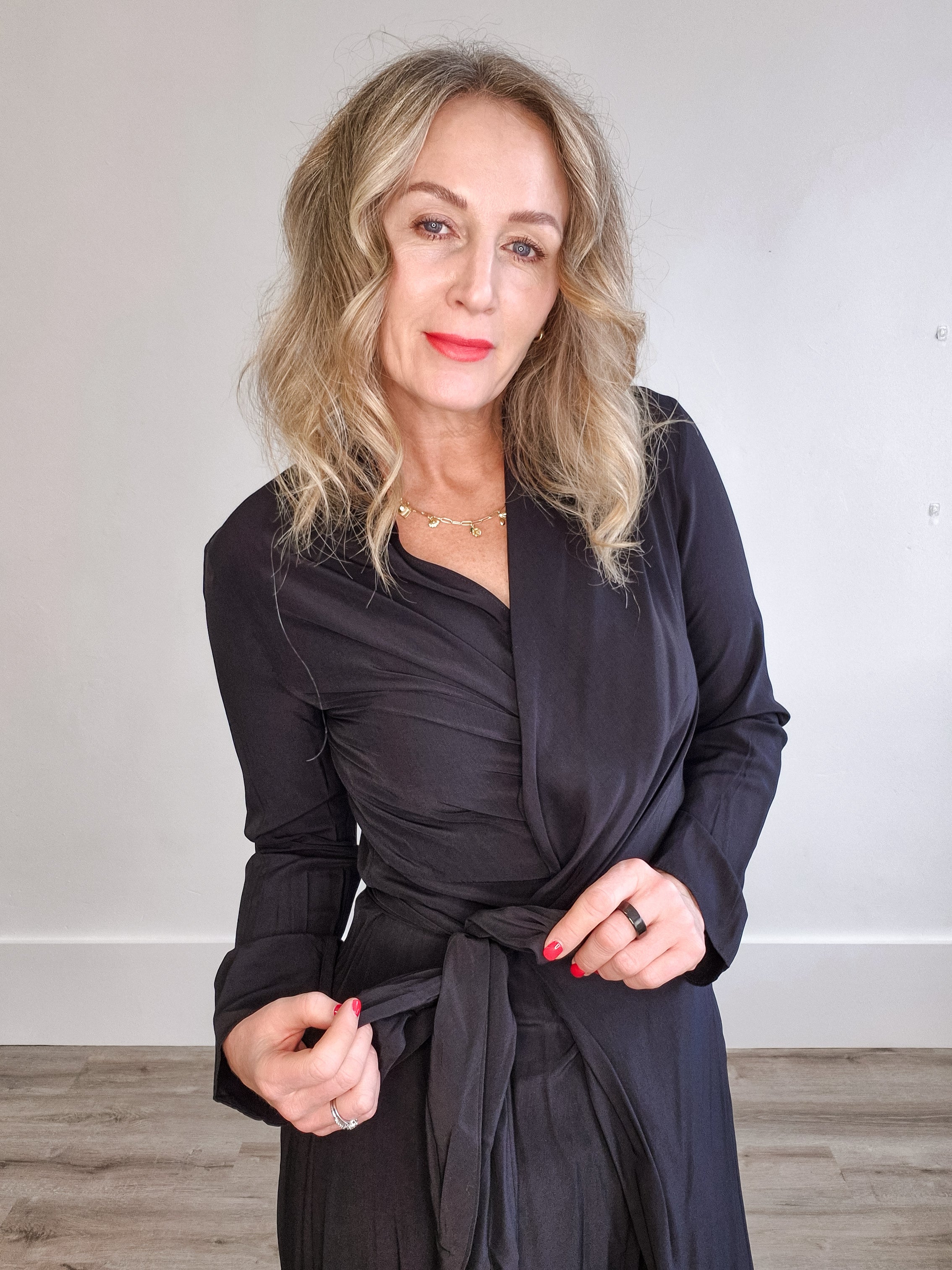Long Sleeve Midi Wrap Dress - Black-dress- Hometown Style HTS, women's in store and online boutique located in Ingersoll, Ontario