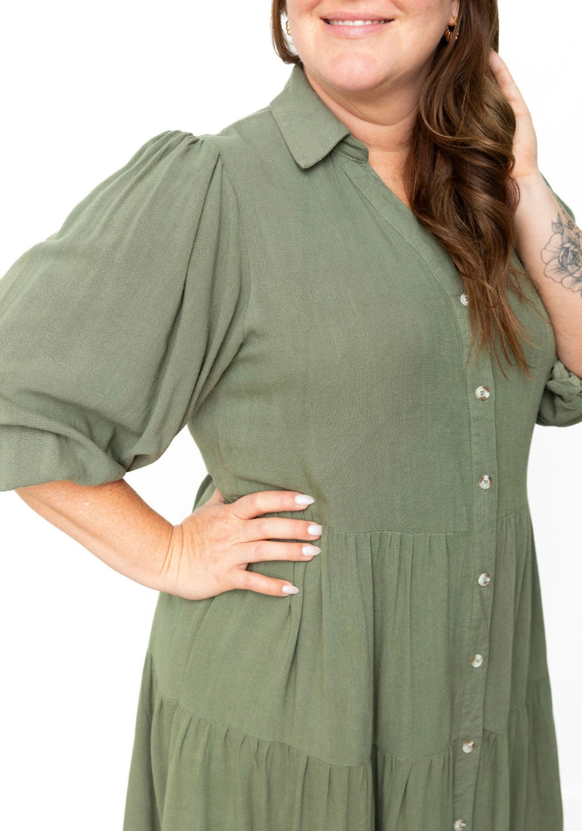 Button Down Tiered Midi Dress - Olive-Dress- Hometown Style HTS, women's in store and online boutique located in Ingersoll, Ontario