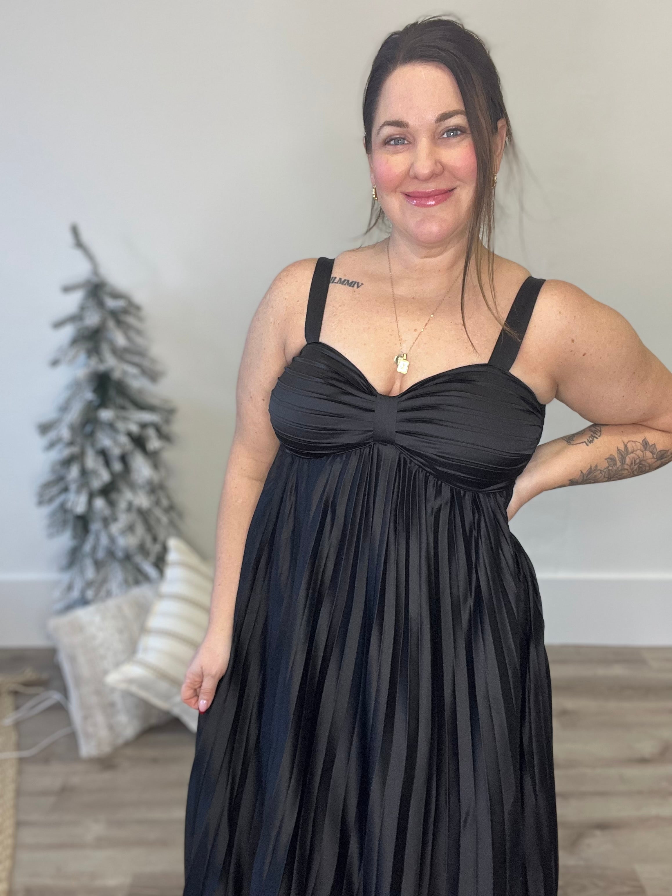 Satin Pleated Midi Dress - Black-dress- Hometown Style HTS, women's in store and online boutique located in Ingersoll, Ontario