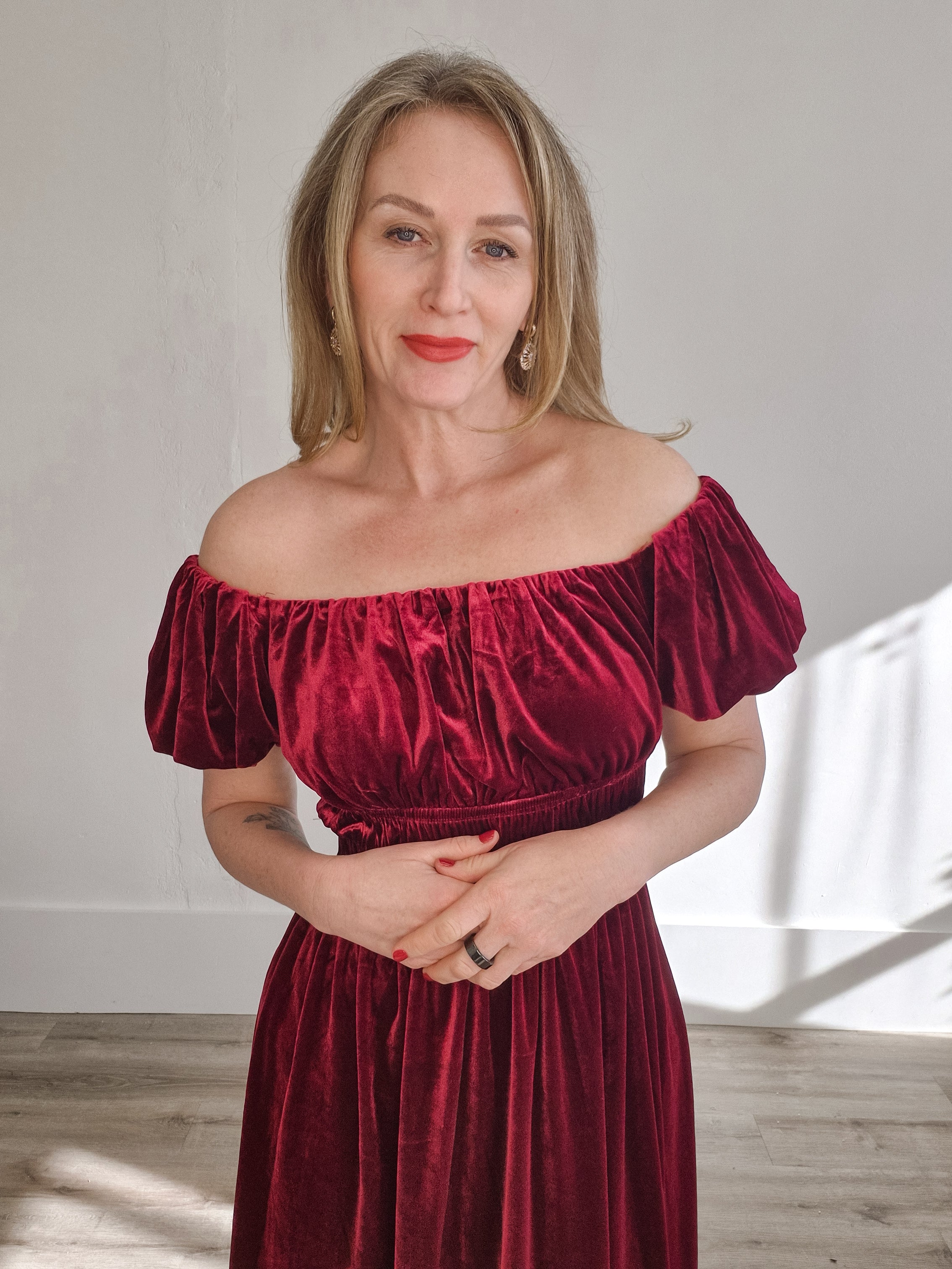 Square Neck Velvet Dress - Wine-Special Occasion Dresses- Hometown Style HTS, women's in store and online boutique located in Ingersoll, Ontario