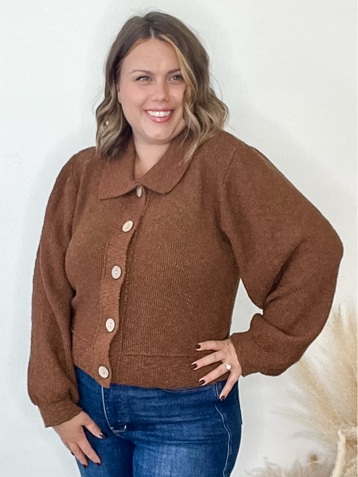 Collar Button Down Cardigan - Brown-Sweater- Hometown Style HTS, women's in store and online boutique located in Ingersoll, Ontario