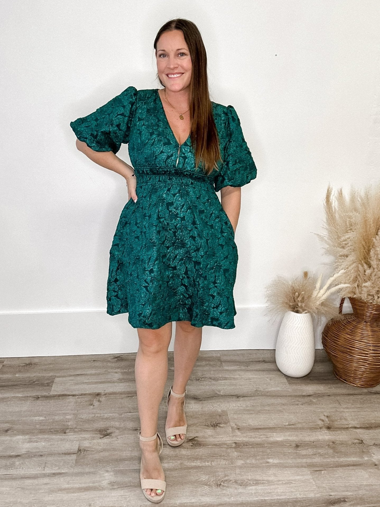 Balloon Sleeve Floral Dress - Sea Green-dress- Hometown Style HTS, women's in store and online boutique located in Ingersoll, Ontario