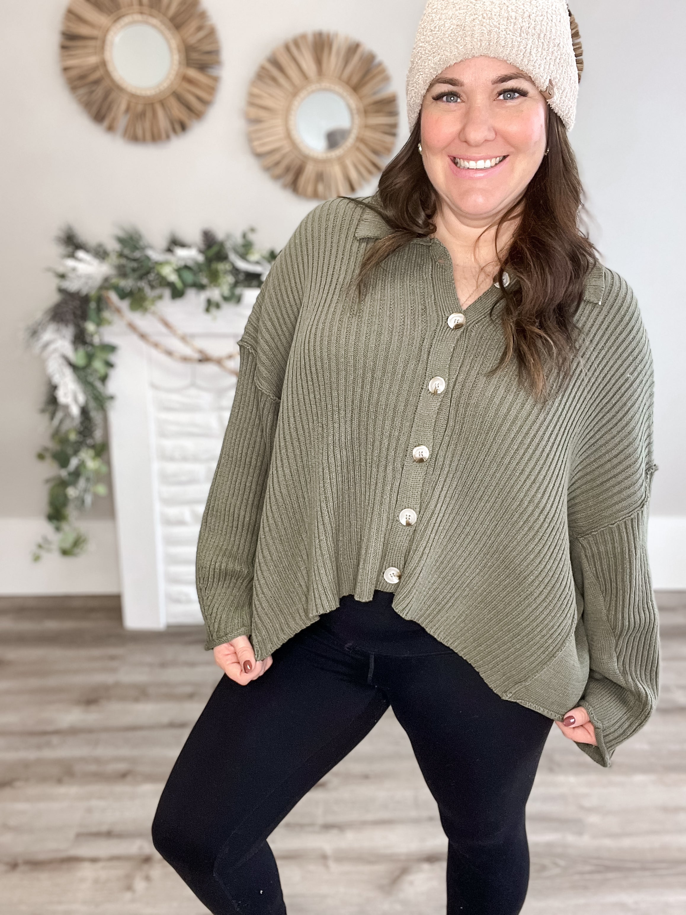 Collared Button Down Sweater - Olive-sweater- Hometown Style HTS, women's in store and online boutique located in Ingersoll, Ontario