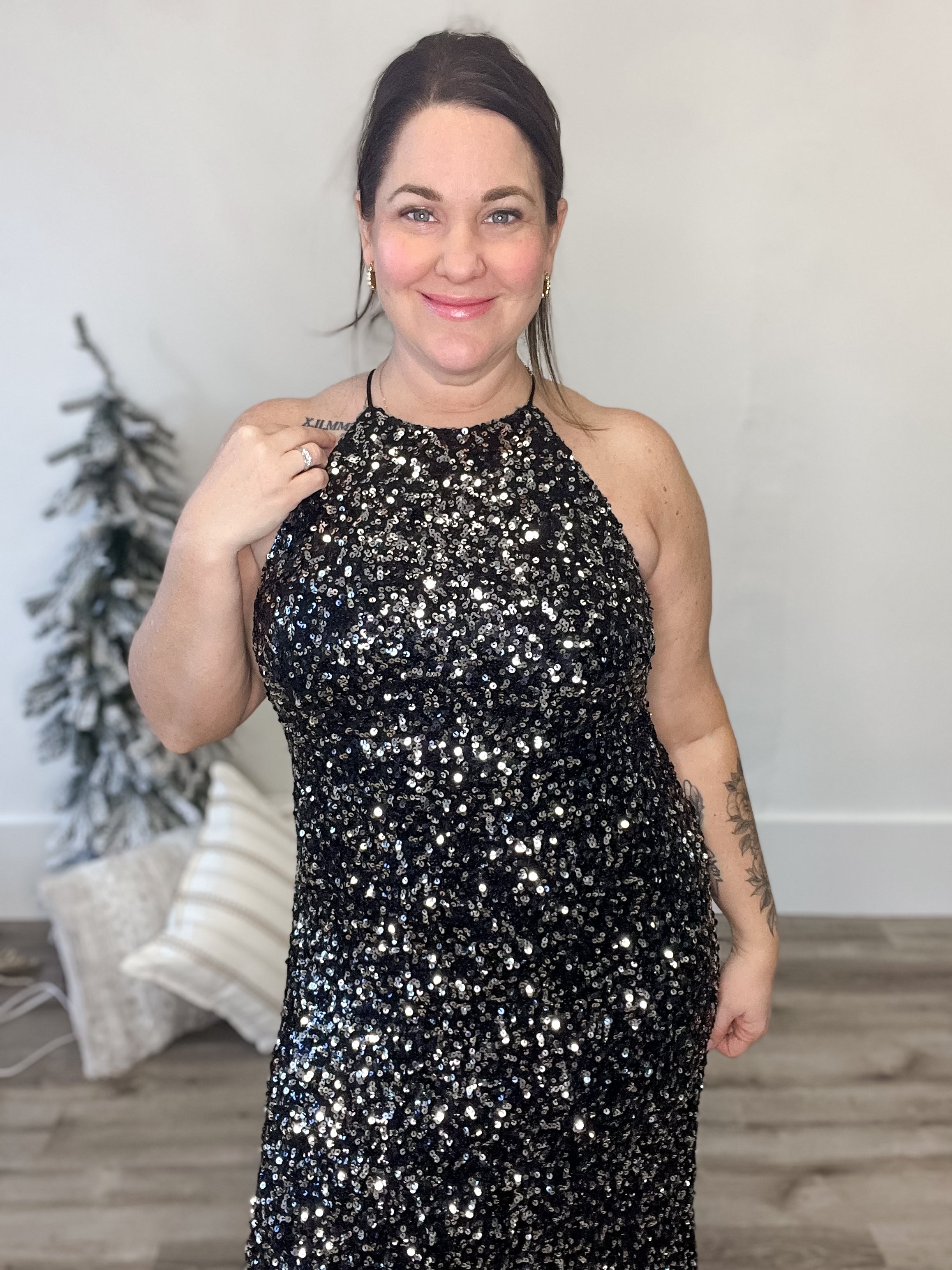 Sequin Halter Dress - Black-Special Occasion Dress- Hometown Style HTS, women's in store and online boutique located in Ingersoll, Ontario