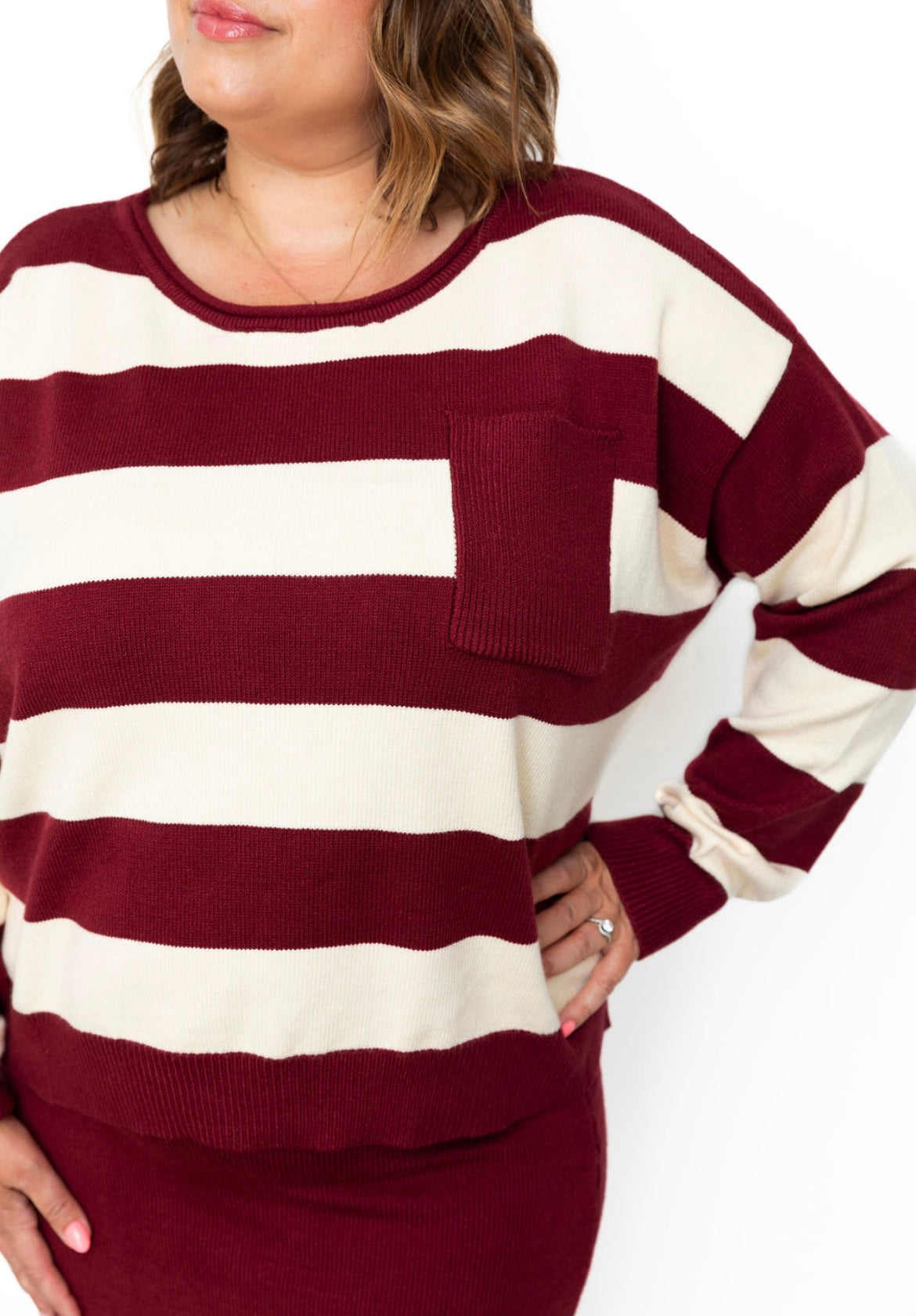 Striped Sweater & Knit Pencil Skirt - Burgundy-set- Hometown Style HTS, women's in store and online boutique located in Ingersoll, Ontario