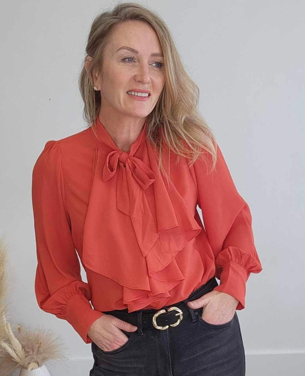 Tie Neck Ruffle Blouse - Cranberry-blouse- Hometown Style HTS, women's in store and online boutique located in Ingersoll, Ontario