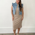 Striped Midi Ribbed Knit Dress - Mocha/Cream-dress- Hometown Style HTS, women's in store and online boutique located in Ingersoll, Ontario