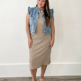 Striped Midi Ribbed Knit Dress - Mocha/Cream-dress- Hometown Style HTS, women's in store and online boutique located in Ingersoll, Ontario