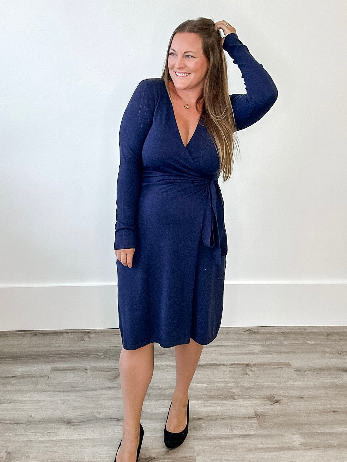 Long Sleeve Wrap Dress - Navy-dress- Hometown Style HTS, women's in store and online boutique located in Ingersoll, Ontario