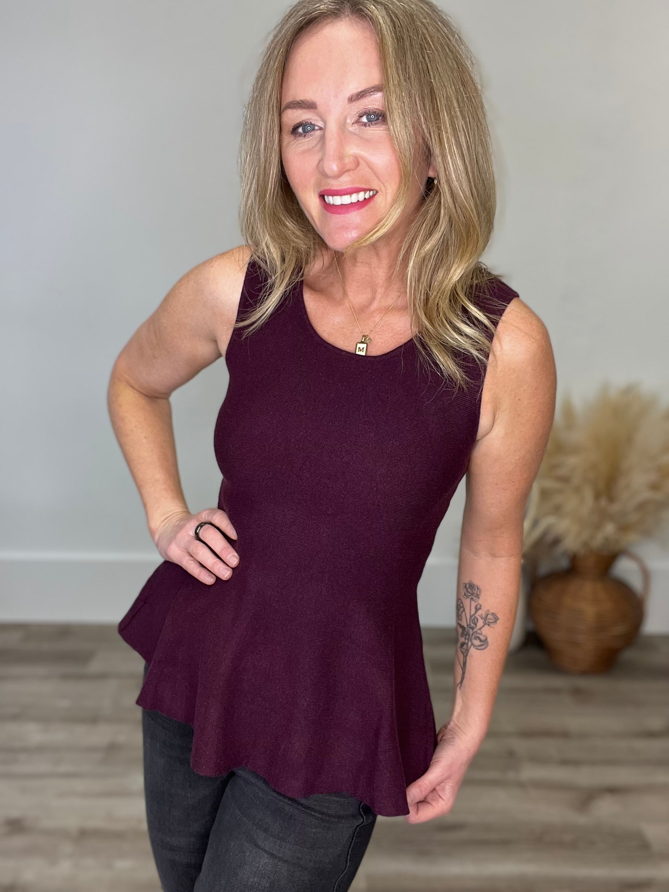 Sleeveless Peplum Sweater Top - Purple-tops- Hometown Style HTS, women's in store and online boutique located in Ingersoll, Ontario