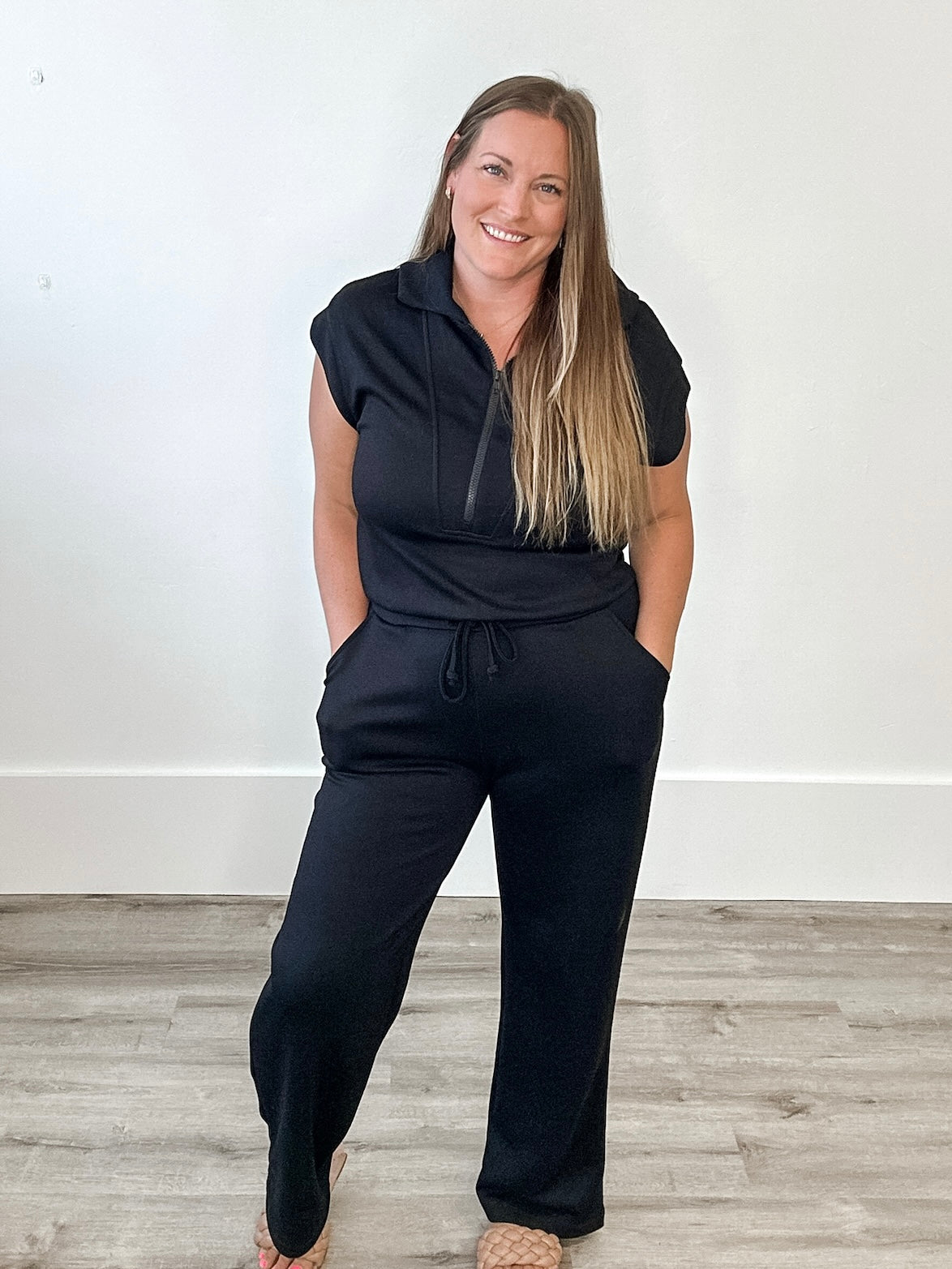 Scuba Half Zip Jumpsuit - Black-Jumpsuits & Rompers- Hometown Style HTS, women's in store and online boutique located in Ingersoll, Ontario