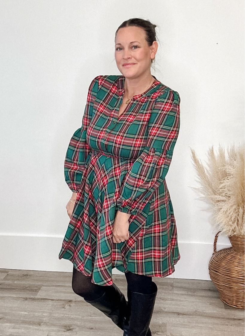 Long Sleeve Woven Plaid Dress - Green-Dresses- Hometown Style HTS, women's in store and online boutique located in Ingersoll, Ontario