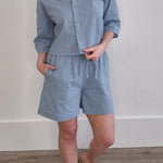 Striped Casual Shorts - Slate Blue-Bottoms- Hometown Style HTS, women's in store and online boutique located in Ingersoll, Ontario