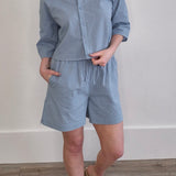 Striped Casual Shorts - Slate Blue-Bottoms- Hometown Style HTS, women's in store and online boutique located in Ingersoll, Ontario