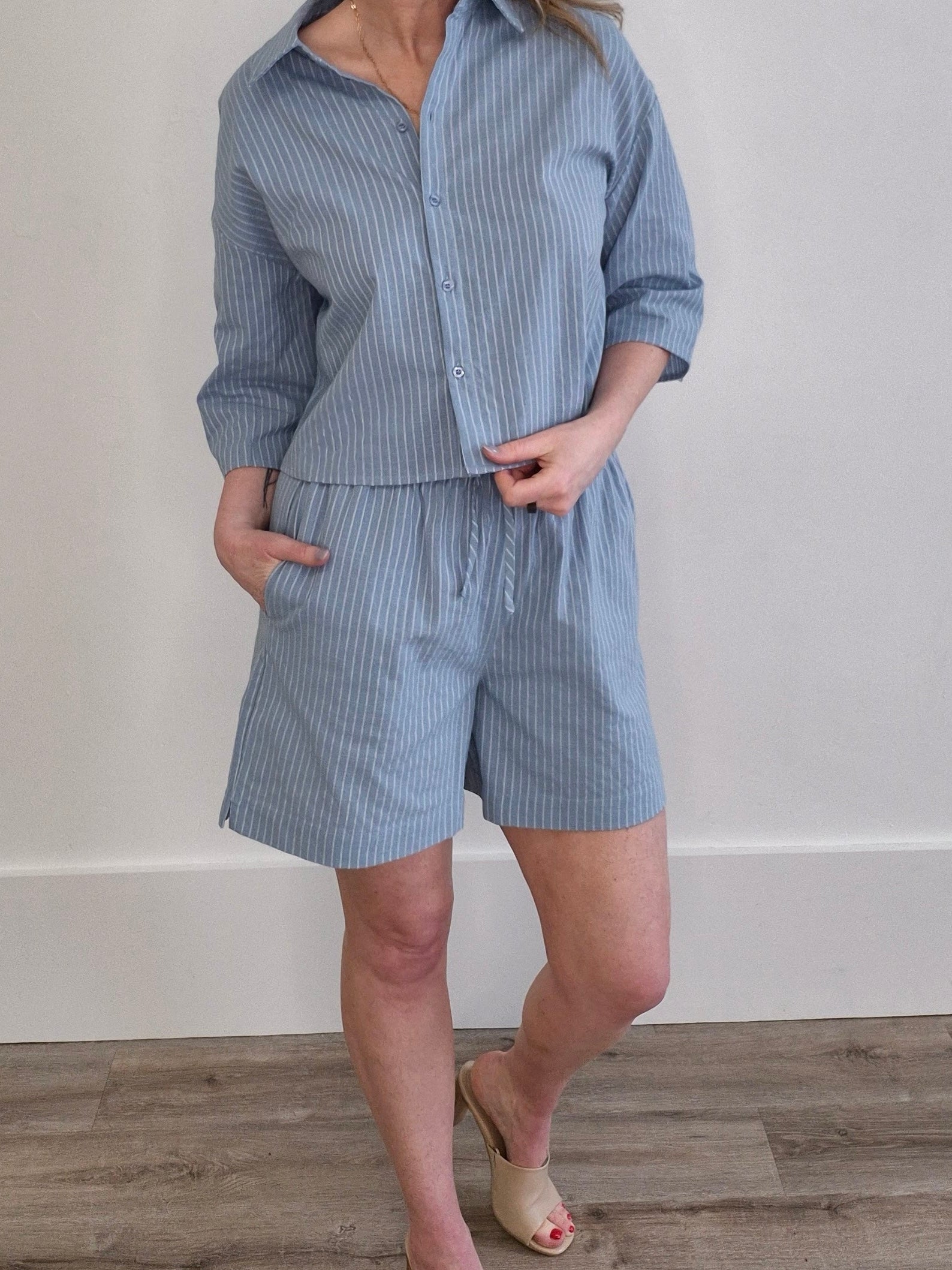 Striped Casual Shorts - Slate Blue-Bottoms- Hometown Style HTS, women's in store and online boutique located in Ingersoll, Ontario