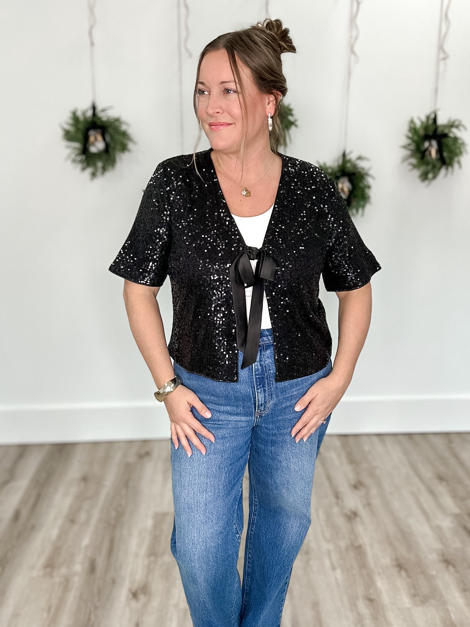 Sequin Bow Detail Top - Black-Blouses- Hometown Style HTS, women's in store and online boutique located in Ingersoll, Ontario