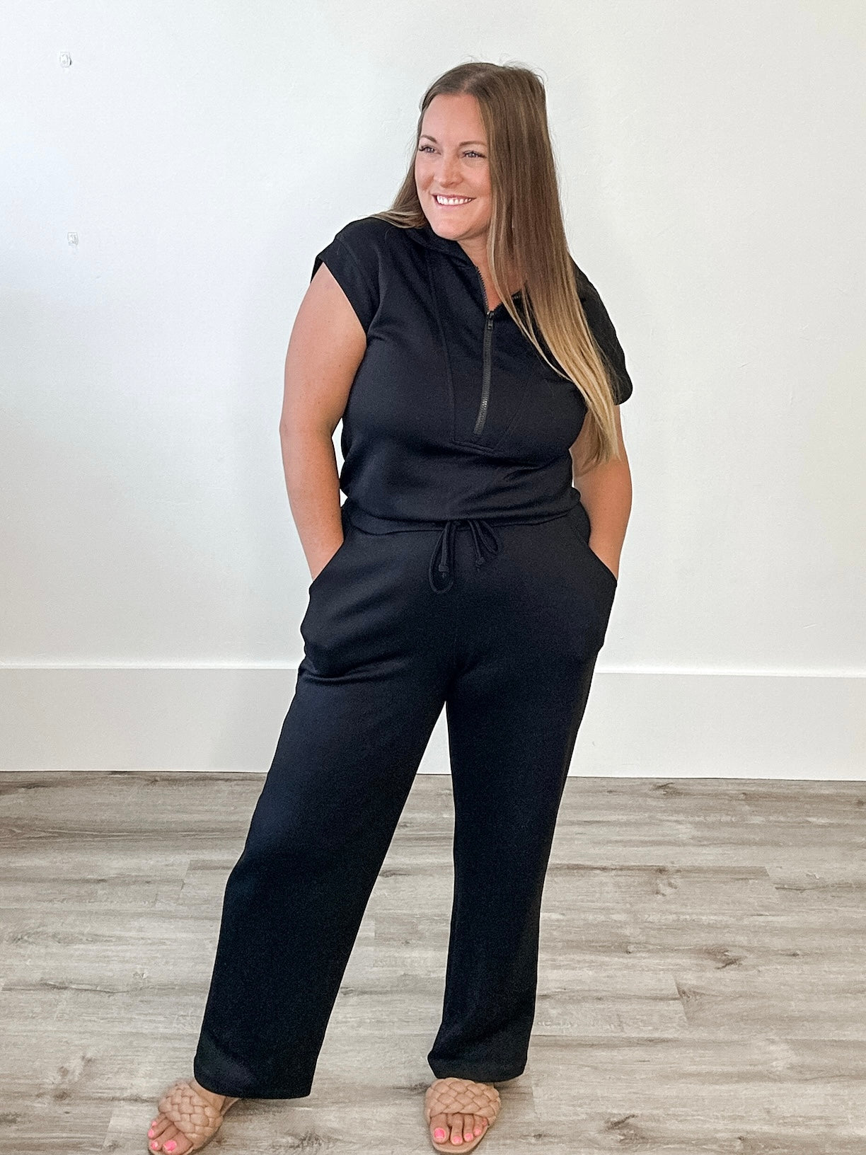 Scuba Half Zip Jumpsuit - Black-Jumpsuits & Rompers- Hometown Style HTS, women's in store and online boutique located in Ingersoll, Ontario