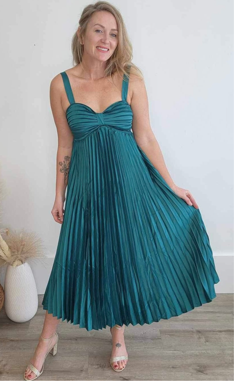 Satin Pleated Midi Dress - Teal Green-dress- Hometown Style HTS, women's in store and online boutique located in Ingersoll, Ontario