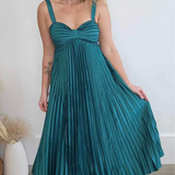 Satin Pleated Midi Dress - Teal Green-dress- Hometown Style HTS, women's in store and online boutique located in Ingersoll, Ontario