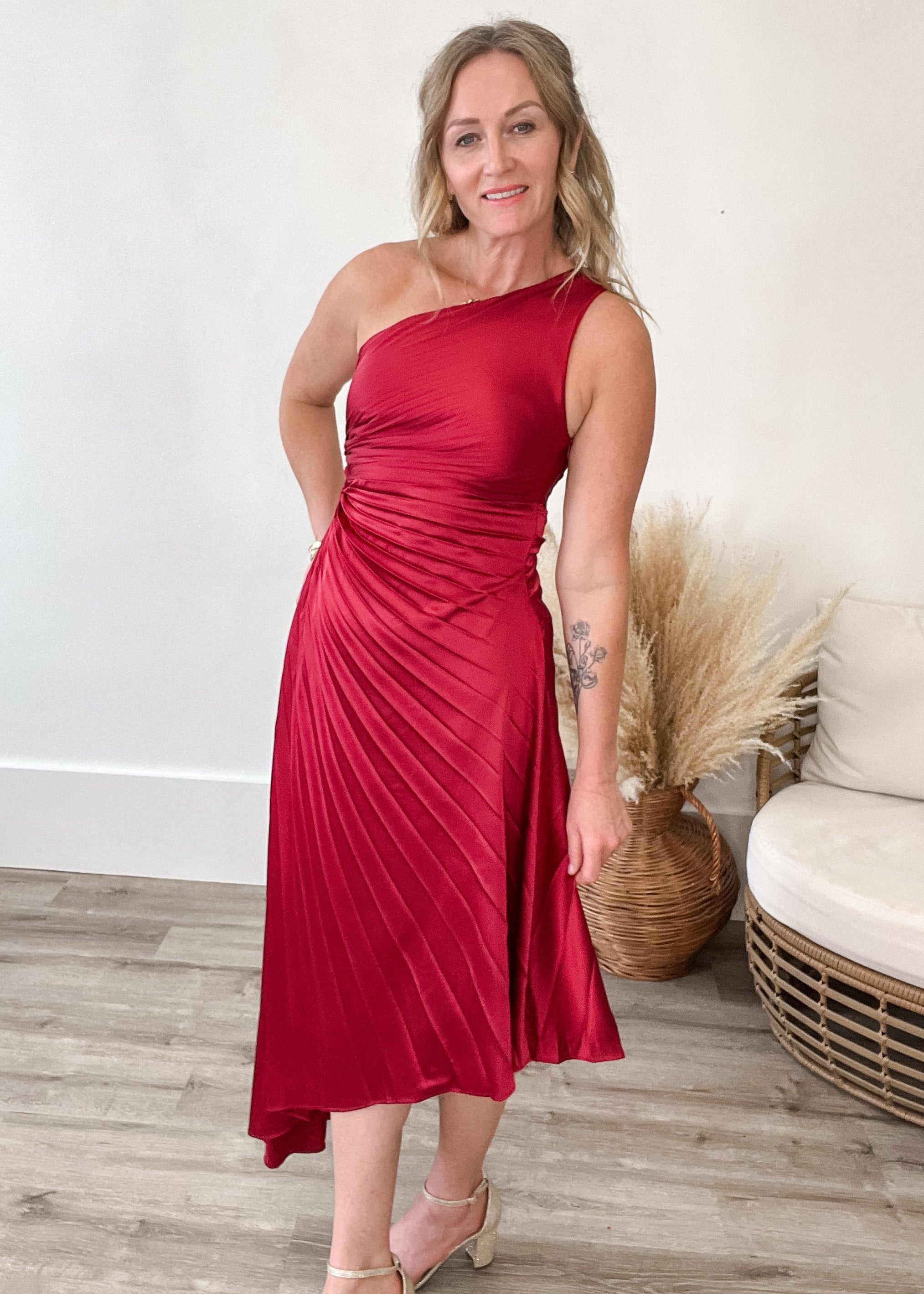 One Shoulder Pleated Dress - Wine-Dress- Hometown Style HTS, women's in store and online boutique located in Ingersoll, Ontario