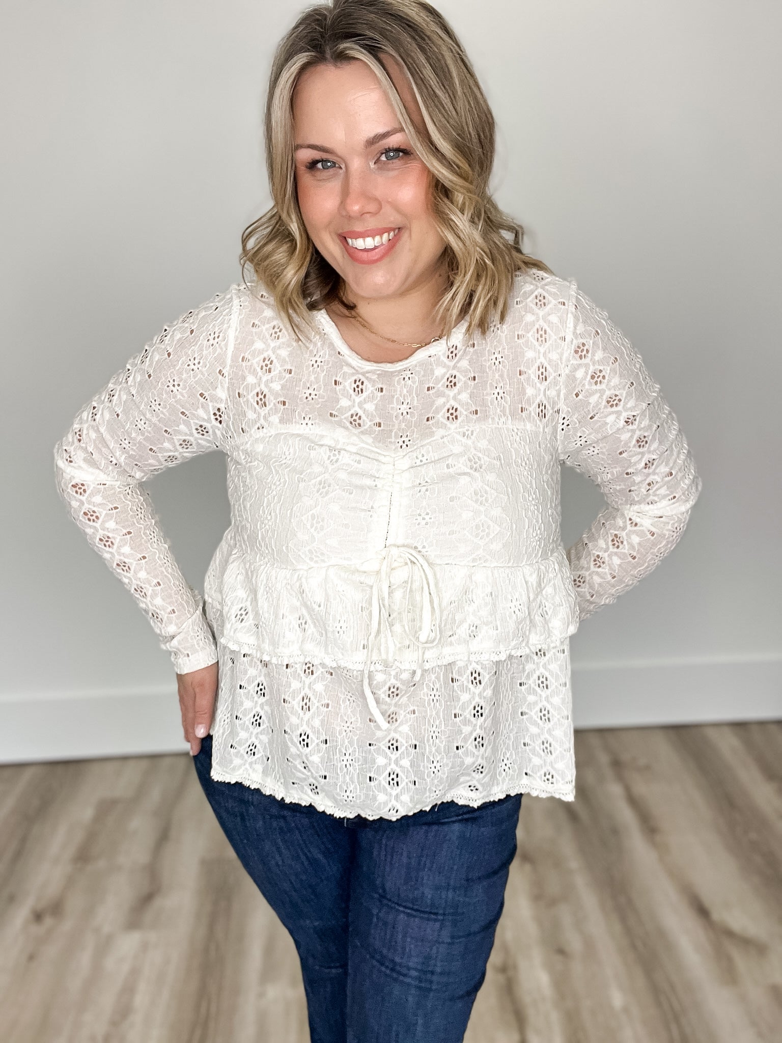 Cinched Crochet Long Sleeve Top - Cream-Tops- Hometown Style HTS, women's in store and online boutique located in Ingersoll, Ontario