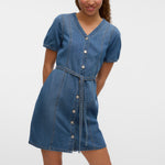 VMJANET SS V-NECK SHORT DENIM DRESS-Casual Dresses- Hometown Style HTS, women's in store and online boutique located in Ingersoll, Ontario