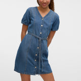 VMJANET SS V-NECK SHORT DENIM DRESS-Casual Dresses- Hometown Style HTS, women's in store and online boutique located in Ingersoll, Ontario