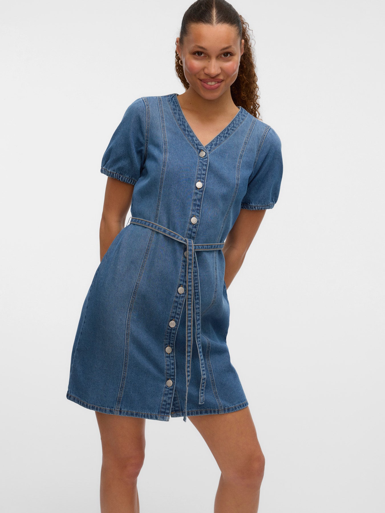 VMJANET SS V-NECK SHORT DENIM DRESS-Casual Dresses- Hometown Style HTS, women's in store and online boutique located in Ingersoll, Ontario