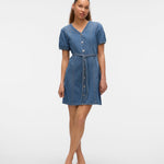 VMJANET SS V-NECK SHORT DENIM DRESS-Casual Dresses- Hometown Style HTS, women's in store and online boutique located in Ingersoll, Ontario