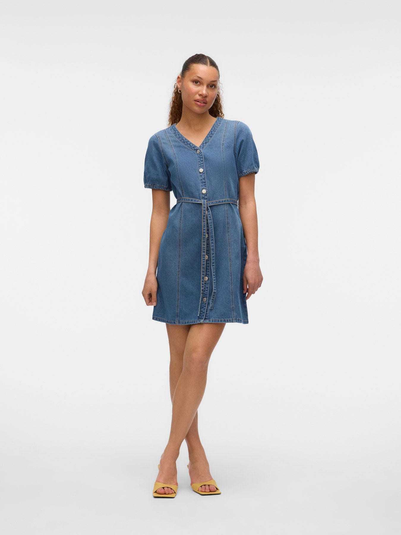VMJANET SS V-NECK SHORT DENIM DRESS-Casual Dresses- Hometown Style HTS, women's in store and online boutique located in Ingersoll, Ontario
