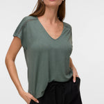 VMLydia CS V Neck Top - Laural Wreath-Casual Tops- Hometown Style HTS, women's in store and online boutique located in Ingersoll, Ontario