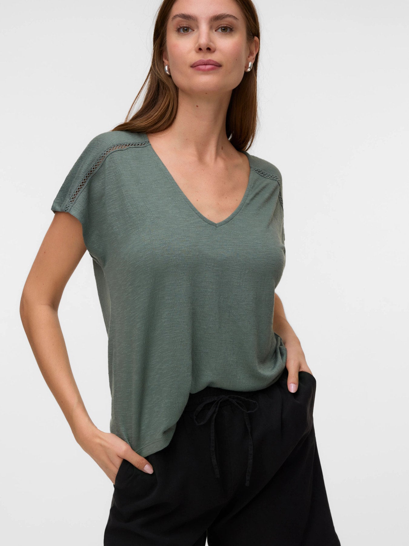 VMLydia CS V Neck Top - Laural Wreath-Casual Tops- Hometown Style HTS, women's in store and online boutique located in Ingersoll, Ontario