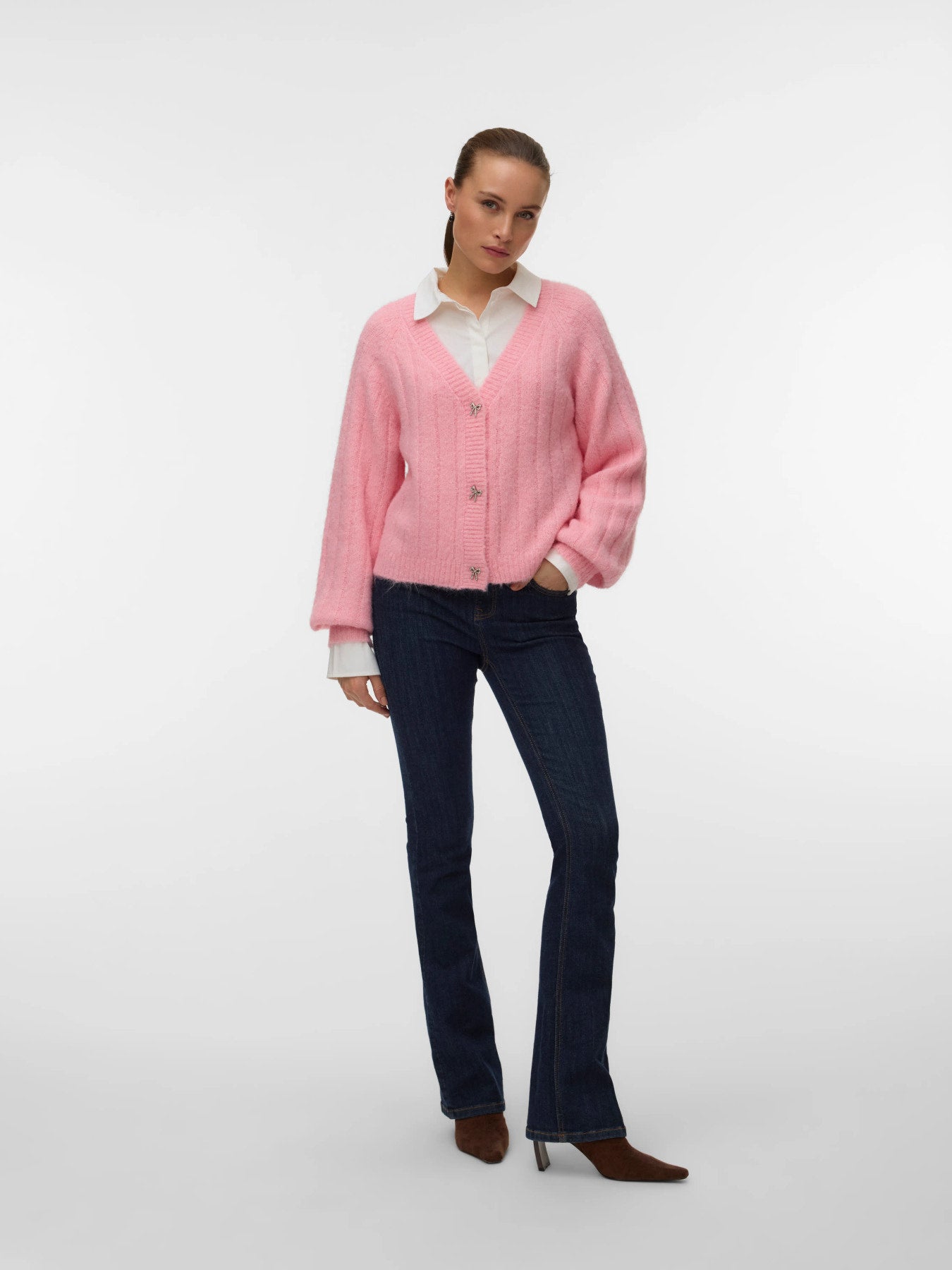 VMSally Long Sleeve V Neck Cardigan - Pink Parfait-Sweaters and Cardigans- Hometown Style HTS, women's in store and online boutique located in Ingersoll, Ontario
