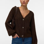 VMSally Long Sleeve V Neck Cardigan - Chocolate Torte-Sweaters and Cardigans- Hometown Style HTS, women's in store and online boutique located in Ingersoll, Ontario