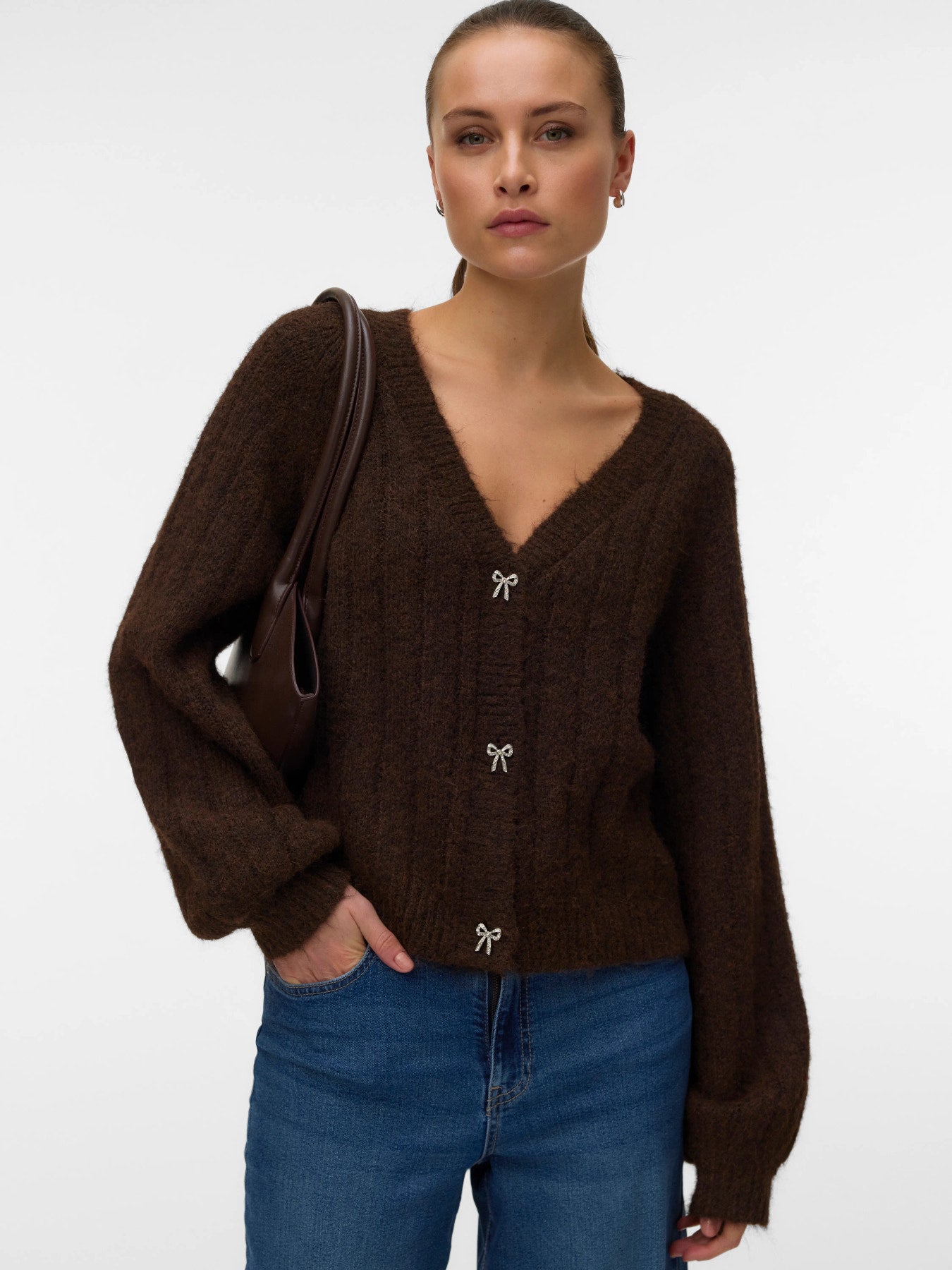 VMSally Long Sleeve V Neck Cardigan - Chocolate Torte-Sweaters and Cardigans- Hometown Style HTS, women's in store and online boutique located in Ingersoll, Ontario