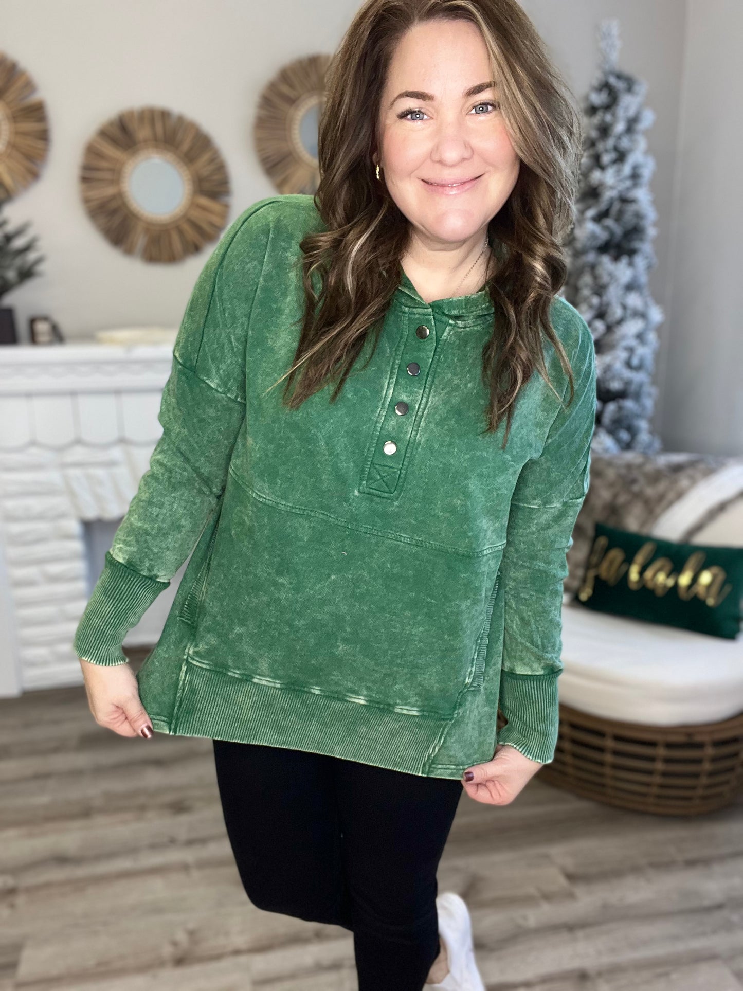 Acid Wash Hoodie - Dark Green-Sweater- Hometown Style HTS, women's in store and online boutique located in Ingersoll, Ontario