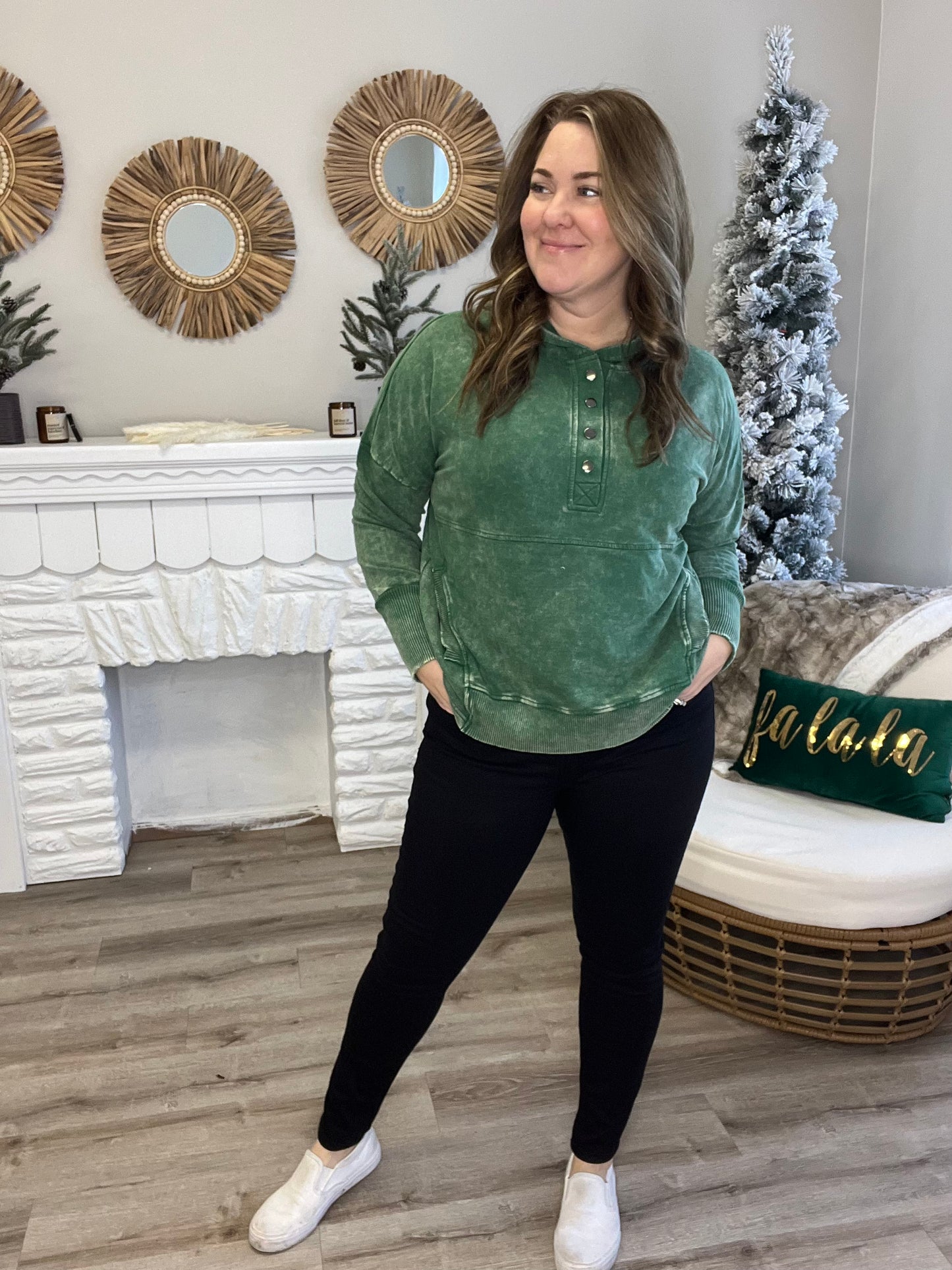 Acid Wash Hoodie - Dark Green-Sweater- Hometown Style HTS, women's in store and online boutique located in Ingersoll, Ontario