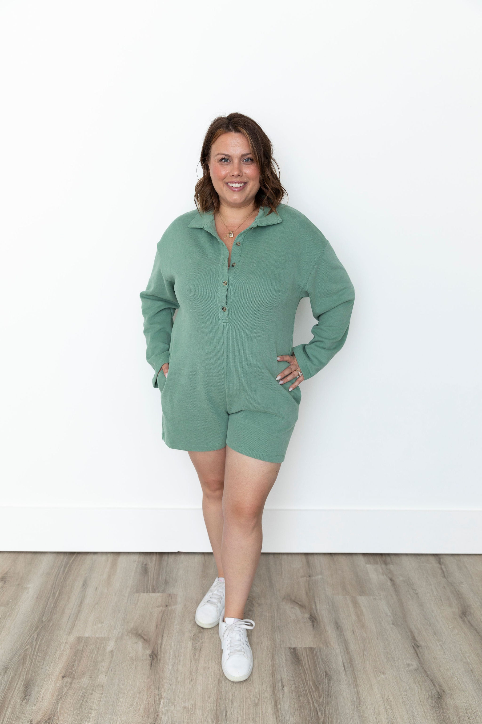 Brushed Knit Button Up Romper - Pistachio-Jumpsuits & Rompers- Hometown Style HTS, women's in store and online boutique located in Ingersoll, Ontario