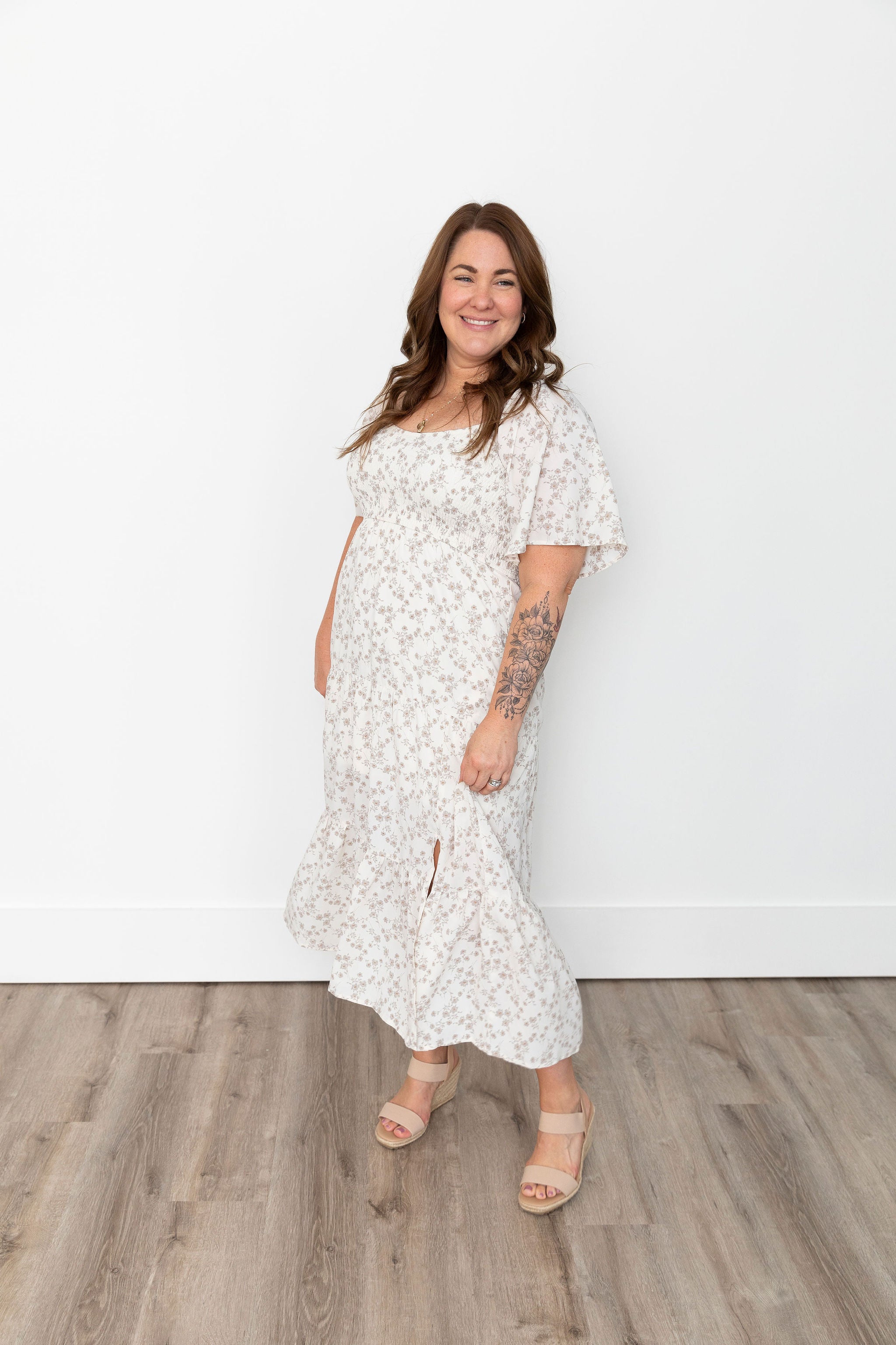Floral Tiered Midi Dress - Cream & Stone-Dress- Hometown Style HTS, women's in store and online boutique located in Ingersoll, Ontario