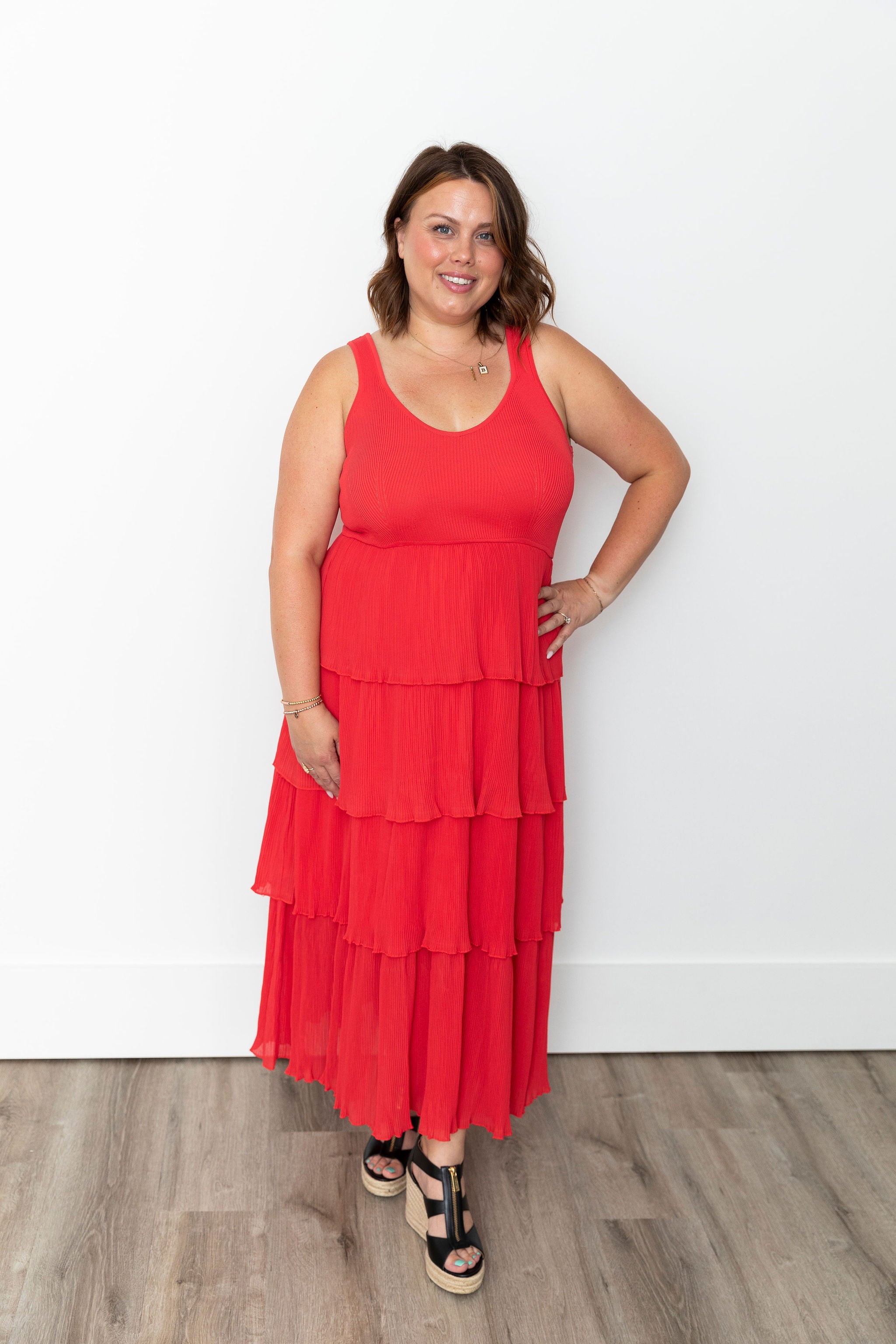 Pleated Tiered Midi Dress - Red/Orange- Hometown Style HTS, women's in store and online boutique located in Ingersoll, Ontario