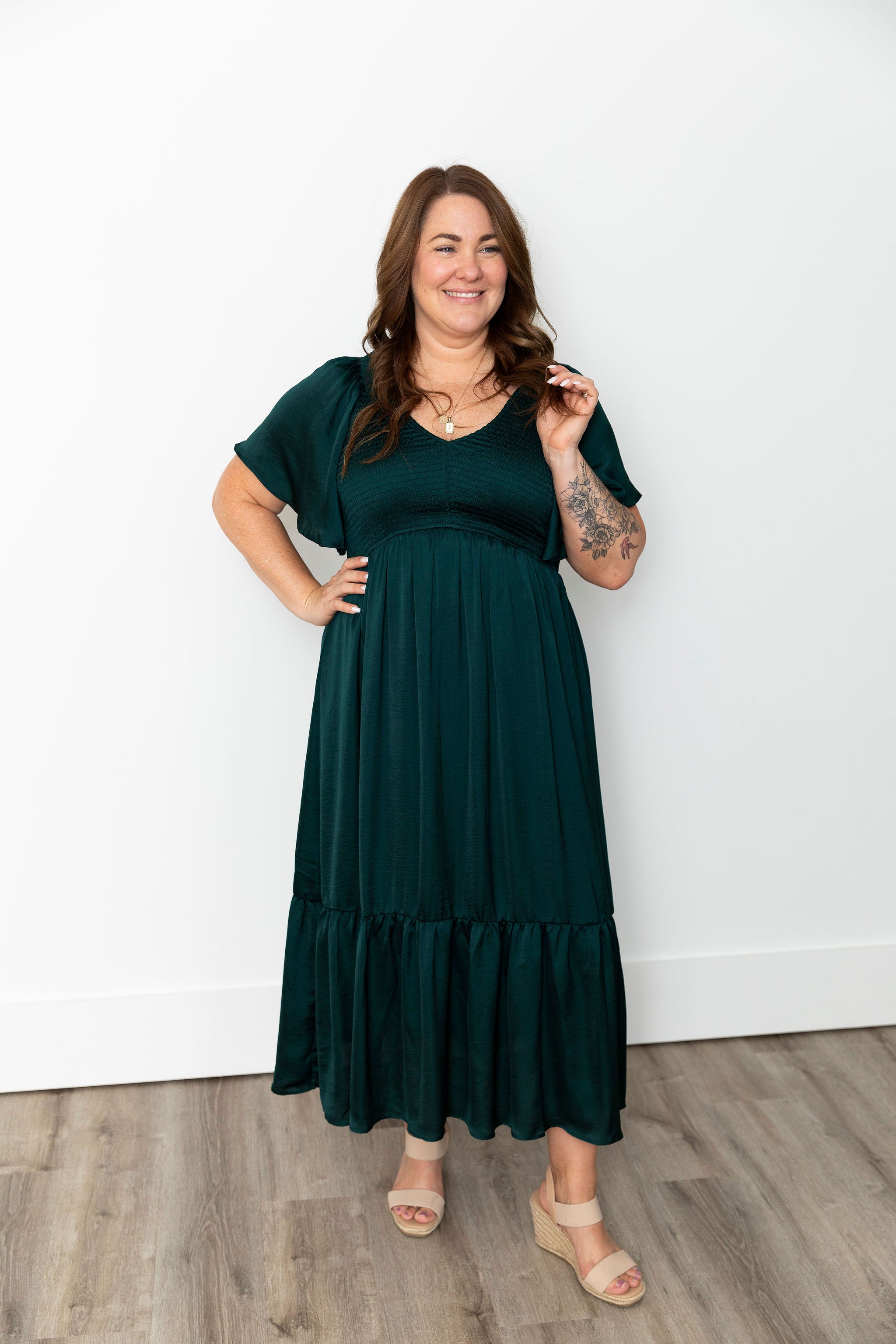 Smocked Satin Midi Dress - Emerald-Dress- Hometown Style HTS, women's in store and online boutique located in Ingersoll, Ontario