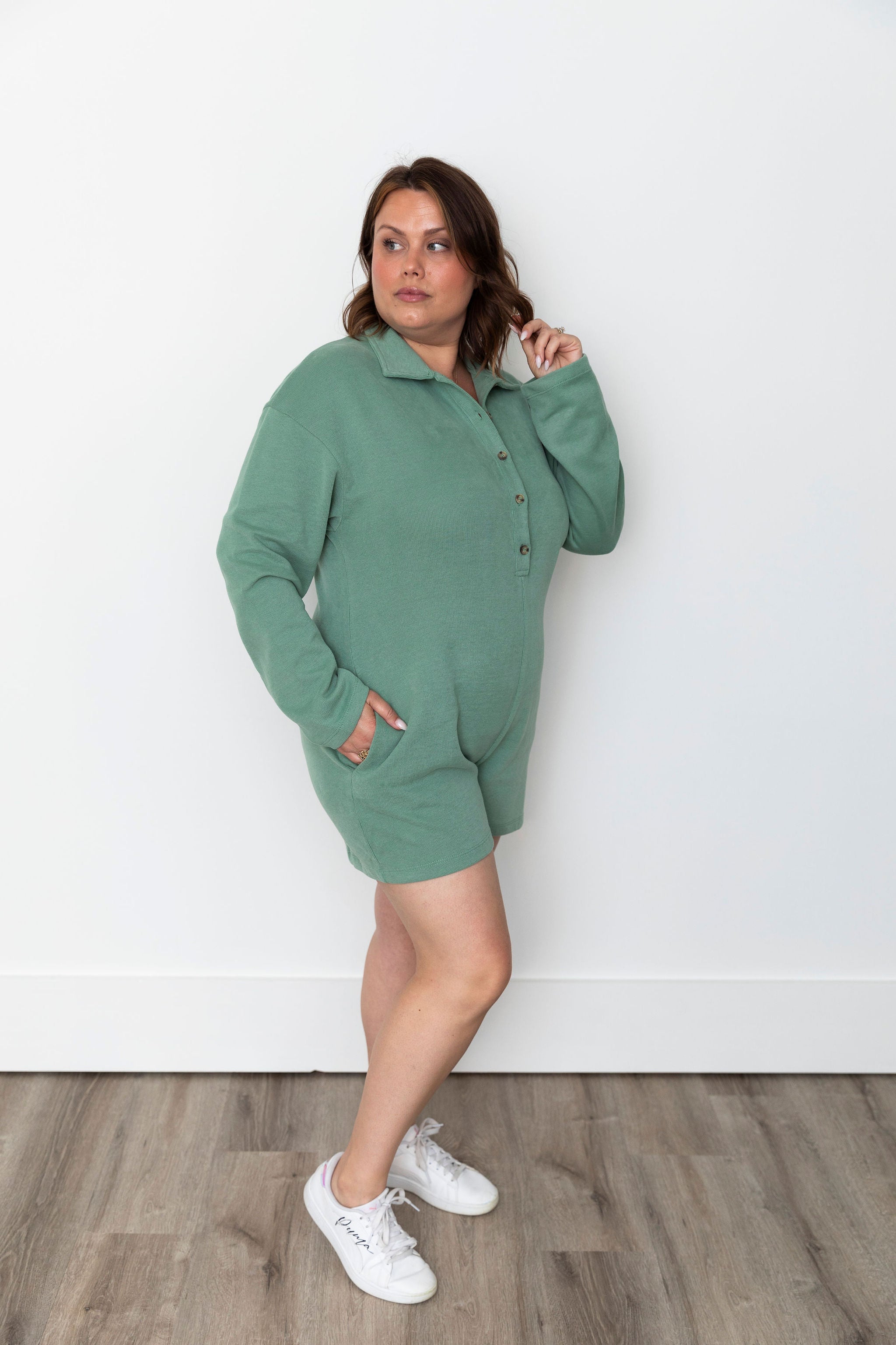 Brushed Knit Button Up Romper - Pistachio-Jumpsuits & Rompers- Hometown Style HTS, women's in store and online boutique located in Ingersoll, Ontario
