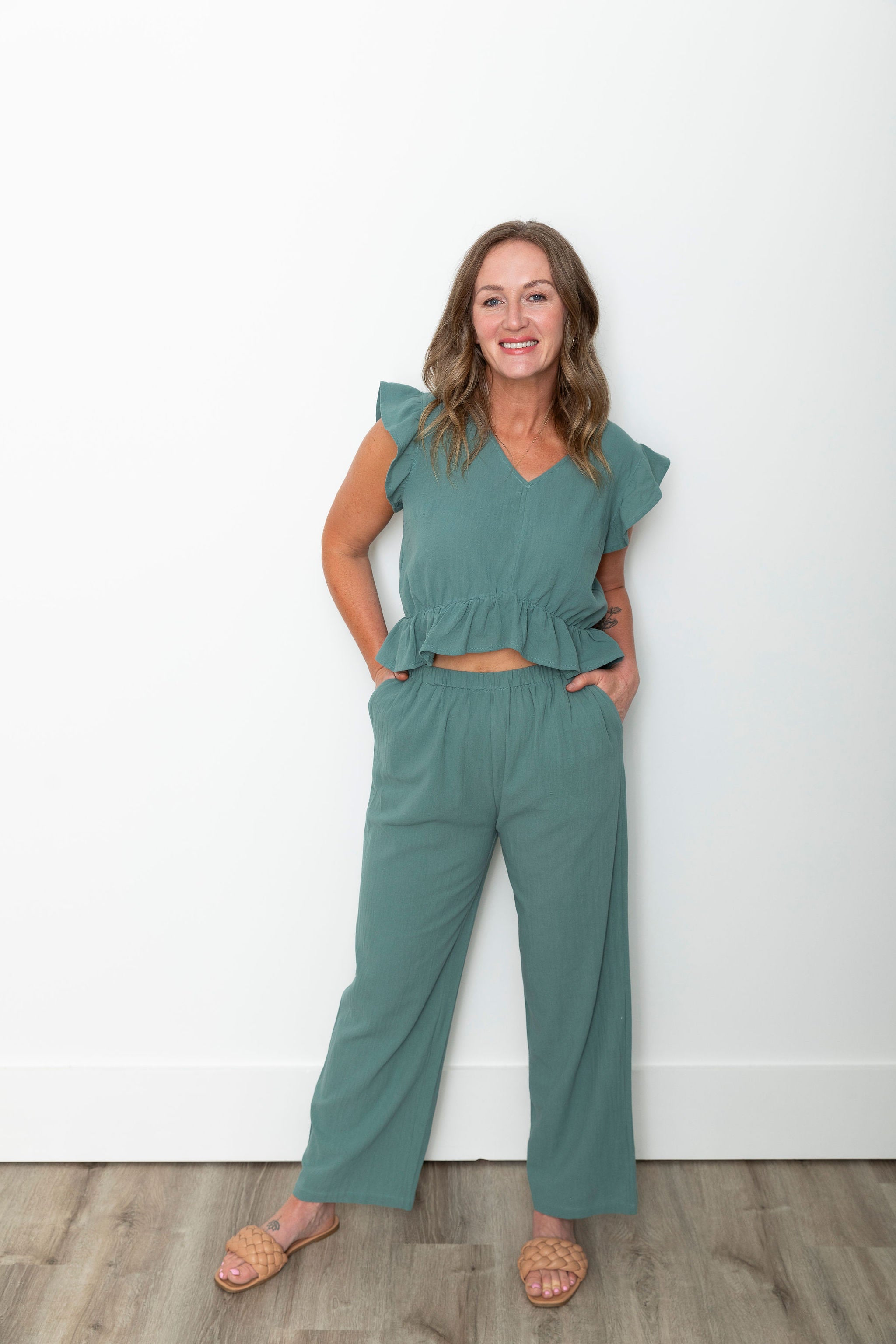 Ruffle Crop Top & Wide Leg Pant - Green-set- Hometown Style HTS, women's in store and online boutique located in Ingersoll, Ontario