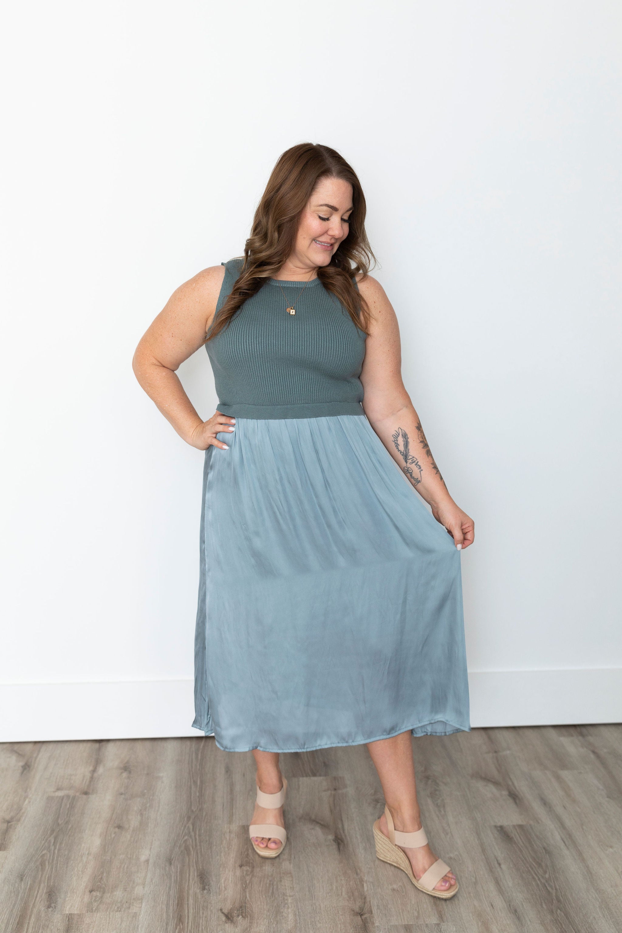 Sweater & Satin Midi Dress - Grey & Sage-Dress- Hometown Style HTS, women's in store and online boutique located in Ingersoll, Ontario