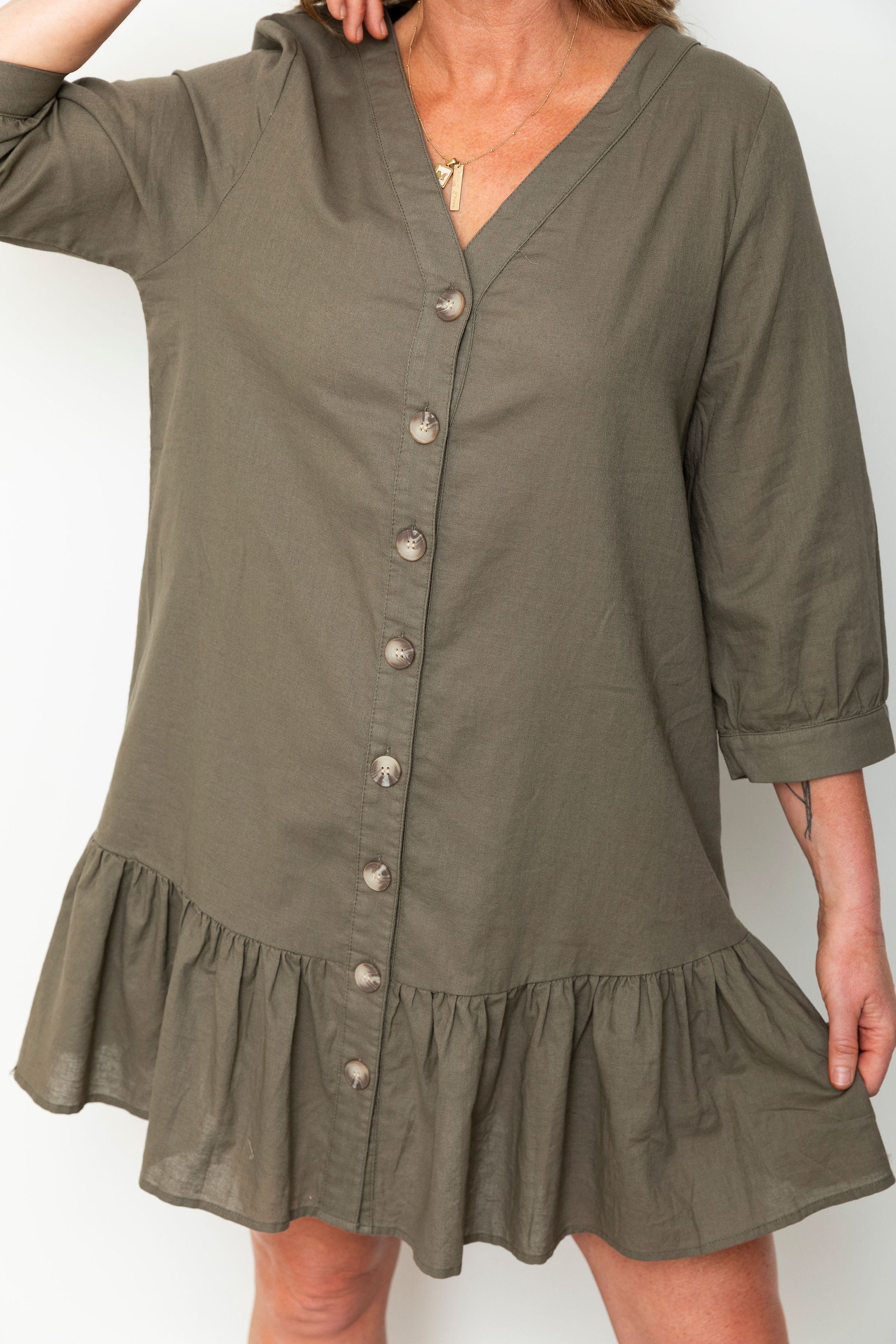 Button Down Dress - Olive-dress- Hometown Style HTS, women's in store and online boutique located in Ingersoll, Ontario