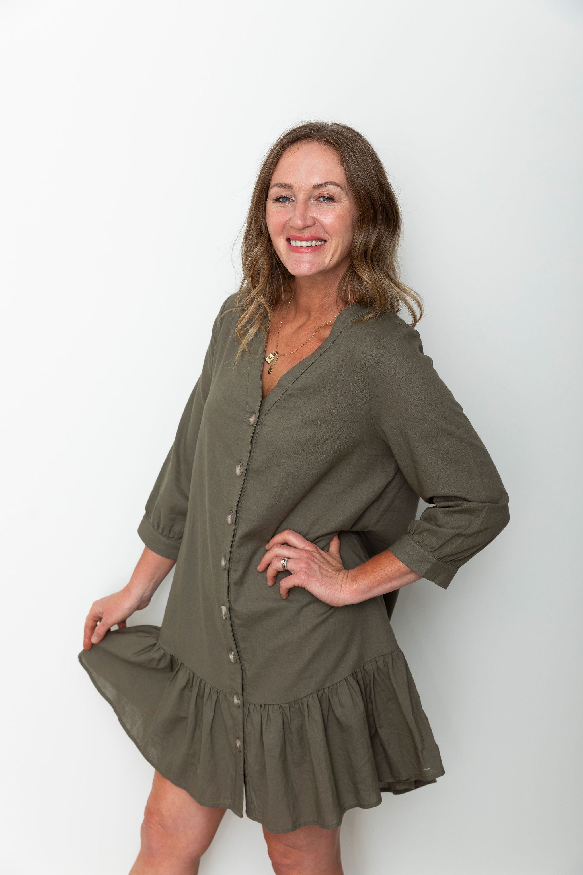 Button Down Dress - Olive-dress- Hometown Style HTS, women's in store and online boutique located in Ingersoll, Ontario