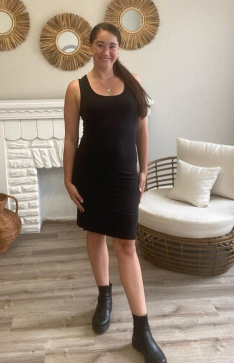 Bodycon Dress with Slide Slits-Black- Hometown Style HTS, women's in store and online boutique located in Ingersoll, Ontario