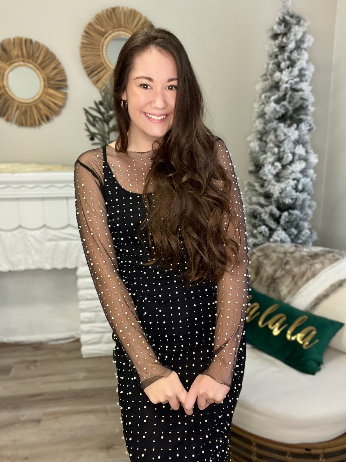 Sequin and Pearl Overlay Dress - Black-Dress- Hometown Style HTS, women's in store and online boutique located in Ingersoll, Ontario