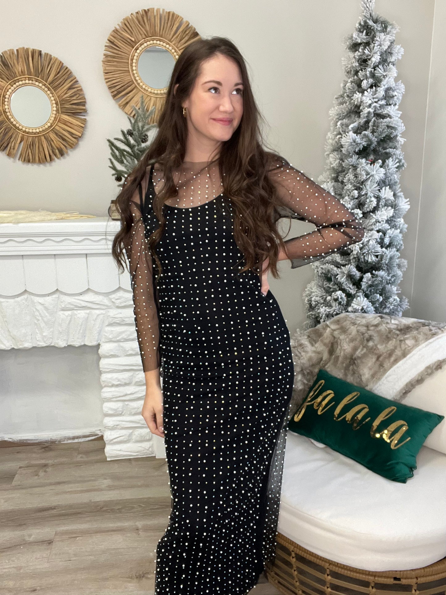 Sequin and Pearl Overlay Dress - Black-Dress- Hometown Style HTS, women's in store and online boutique located in Ingersoll, Ontario